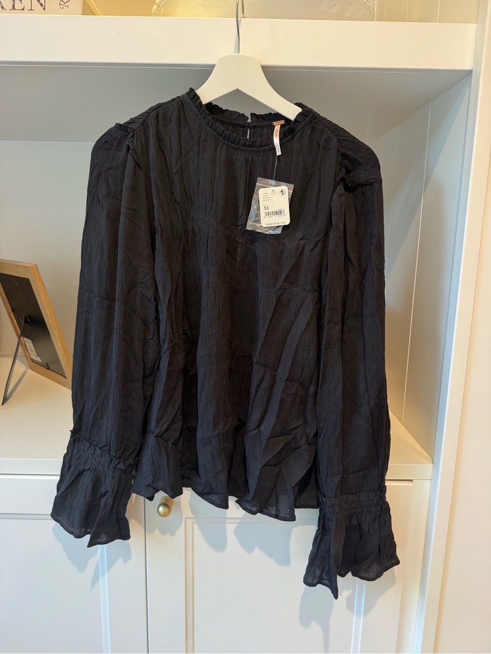 Free People Black Textured Ruffle Bell Sleeve Blouse Top Size M NWT